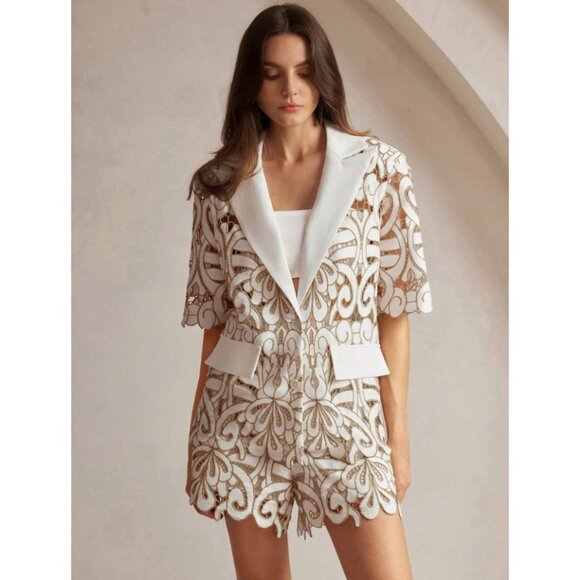 Anewsta 2pcs Women's Elegant Hollow-Out Lapel Short Sleeve Blazer + Shorts Set - Picture 1 of 16